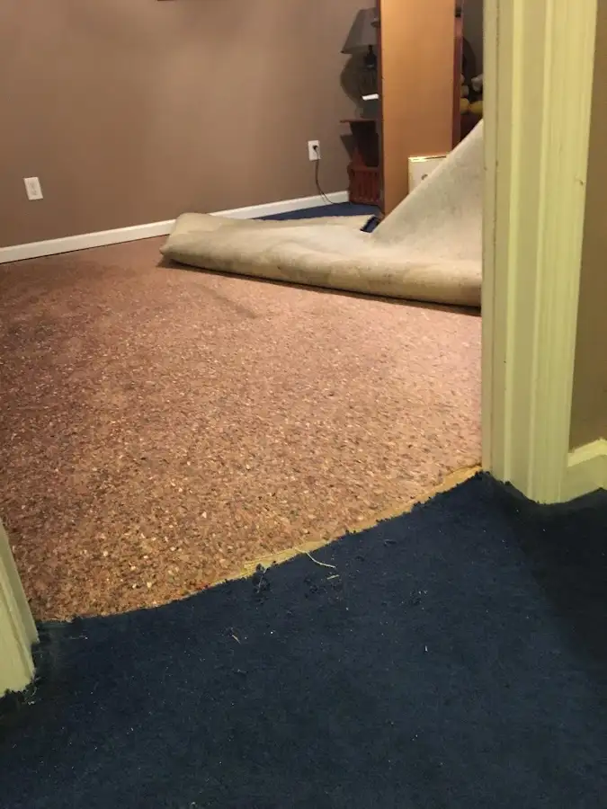 Carpet pad removal revealing water damage during Drying & Dehumidification in Greece